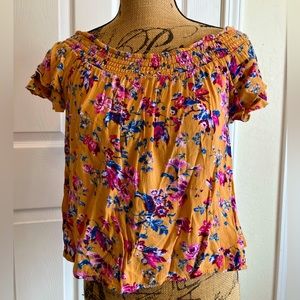 Pink Rose mustard Spring Fall floral print off shoulder rayon flutter sleeve top